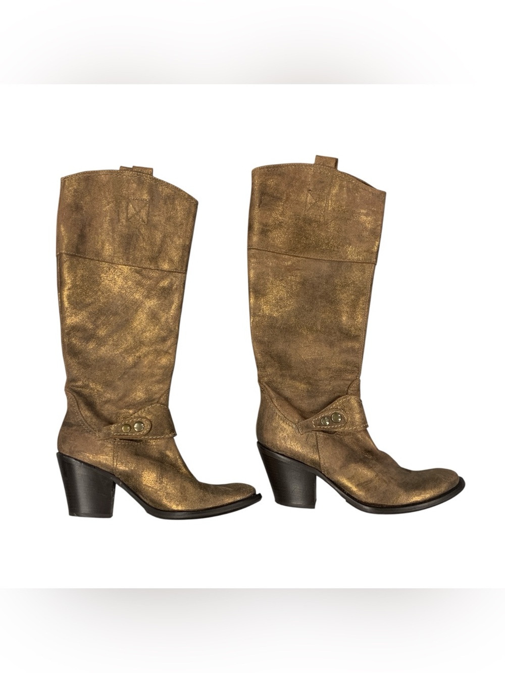 Amnesia Italy Metallic Bronze Mid-Calf Heeled Boots — Pull-On Western Style S7